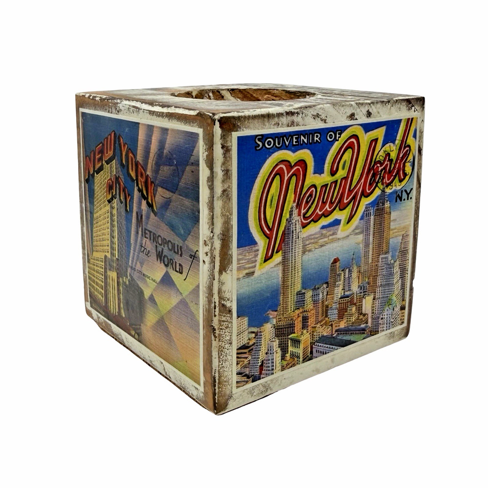 Vintage New York Souvenir Candle Holder Cube Retro Travel Decor 3.5"